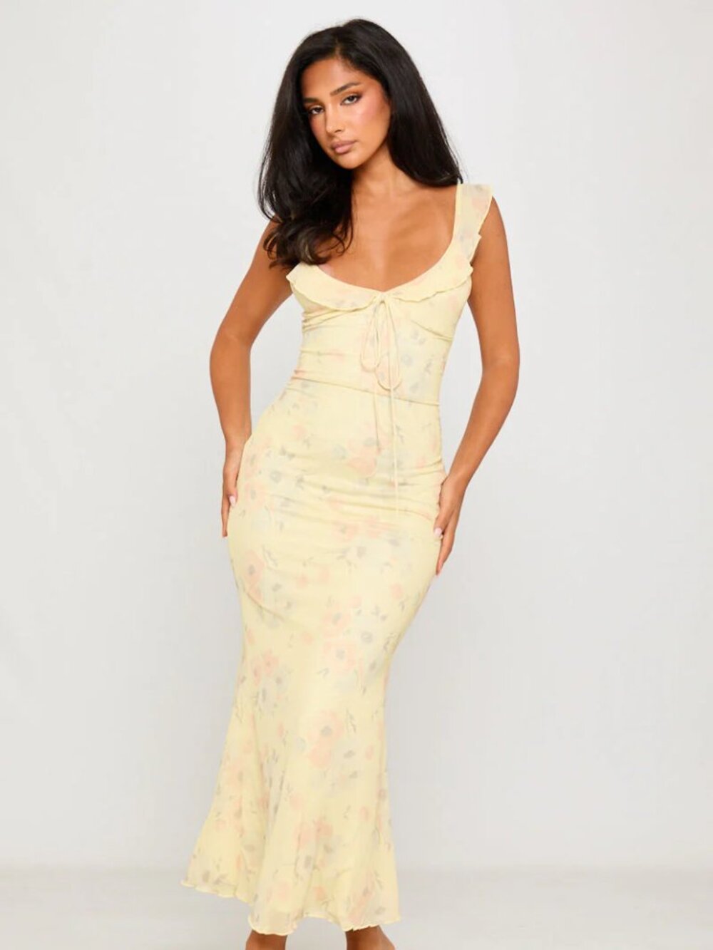 Yellow Floral Print Frill Detail Slip Maxi Dress